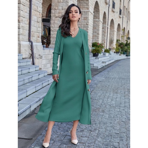 2 Piece Set: Knit Midi Pencil Dress and Long Cardigan Button Through Green - Picture 2 of 14